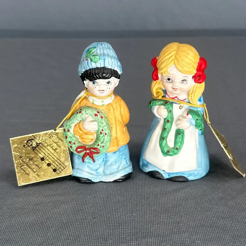 VTG 80s House of Lloyd Porcelain Bisque Bell Ornament Figures Boy Girl Christmas